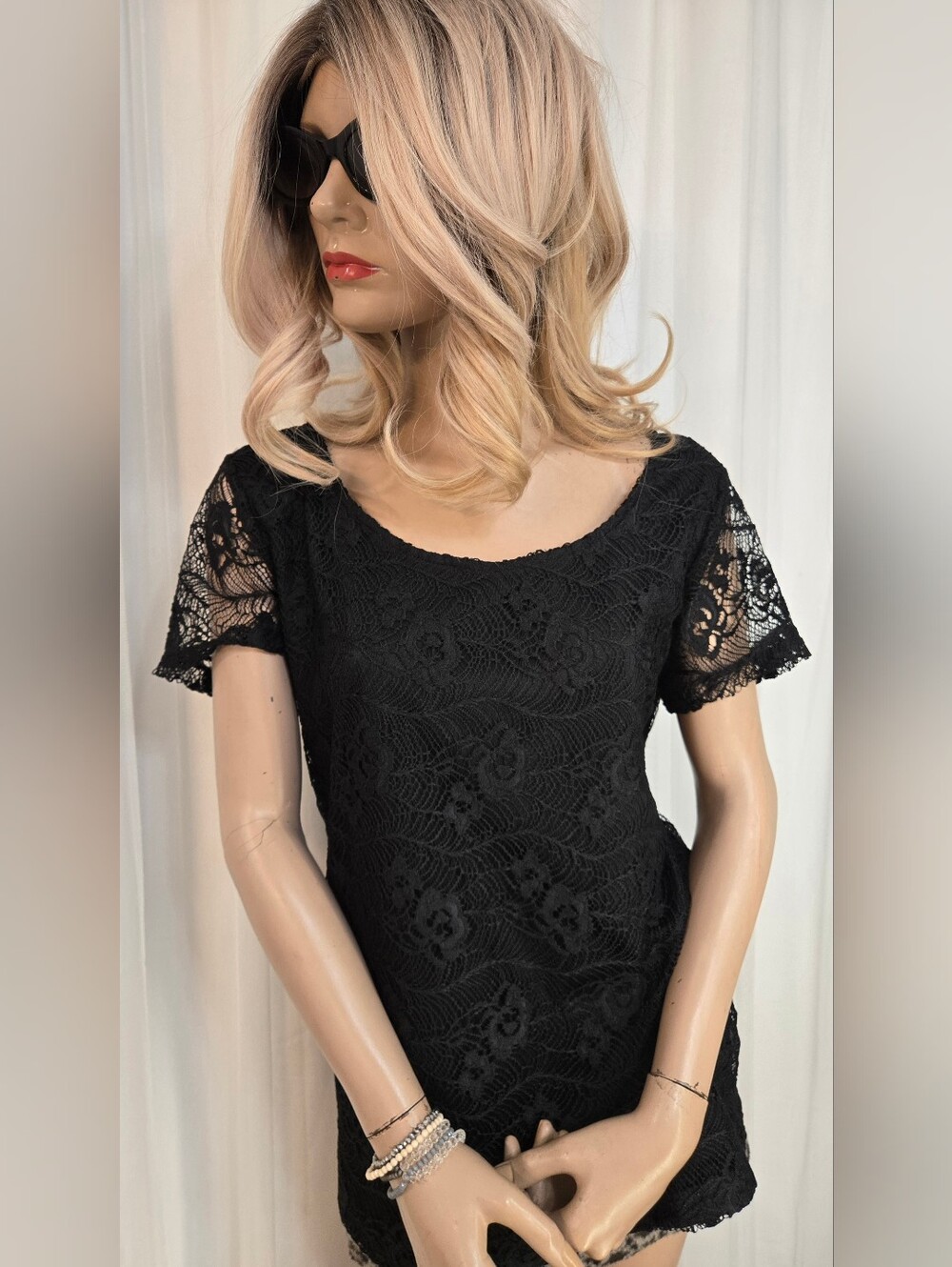 Black Lace Scoop Neck Short Sleeve Top . Brand New With Tags